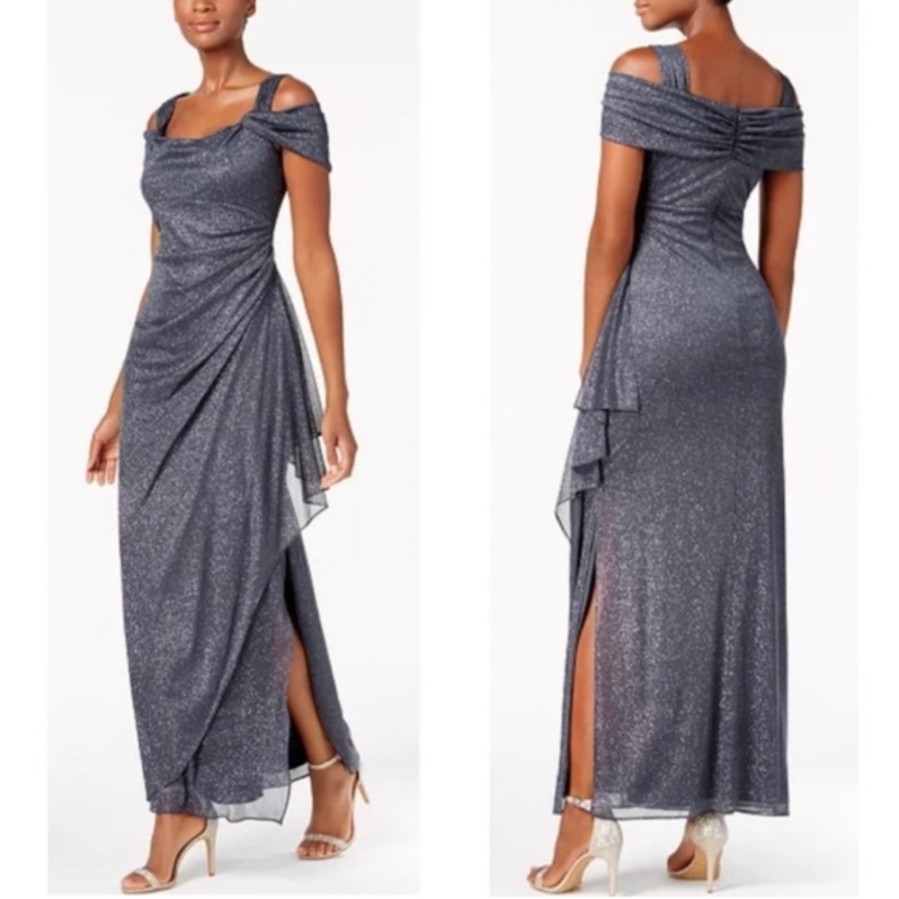 Alex Evenings Cold Shoulder Glitter Mesh Smoke Dress Draped Skirt Cowl Neckline
